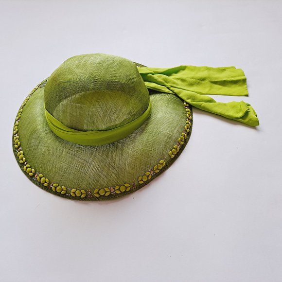 VDP Women's Italian Straw Silk Summer Beach Green Hat - Picture 14 of 15